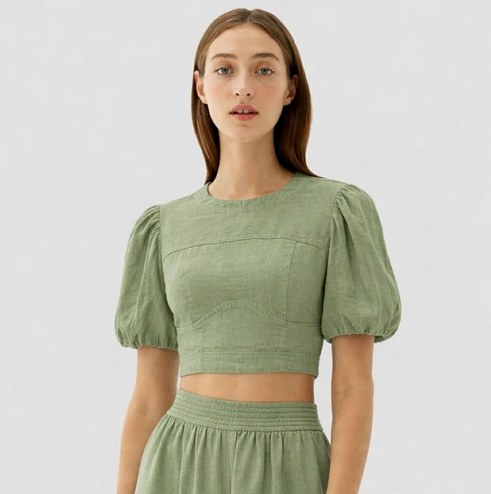 JAG Kiki Sleeve Puff Crop Top Large 100% Linen Fitted Bow‎ on Back Smocked Boho